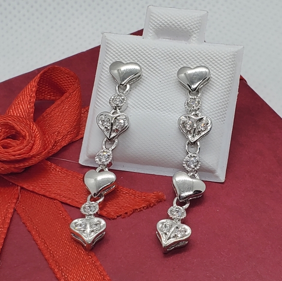 Silver 925 Multiple Heart CZ Dangling Earrings - Picture 2 of 9